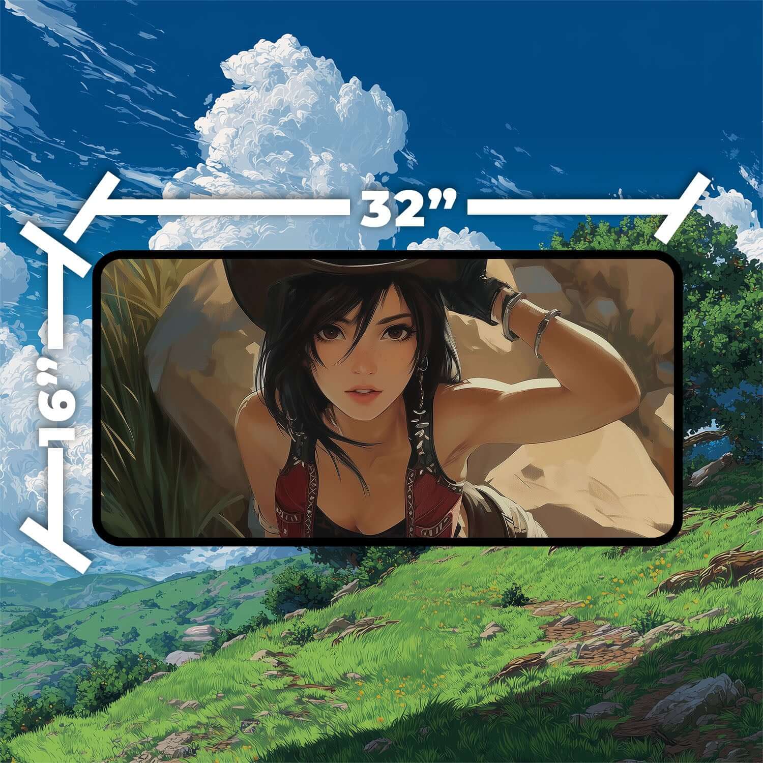 Tifa Lockhart Cowboy Playmat | Final Fantasy Playmat | Iconic Fantasy Heroine Playmat with Zones Option | 24x14 | 22x12 | 32x16 Sizes