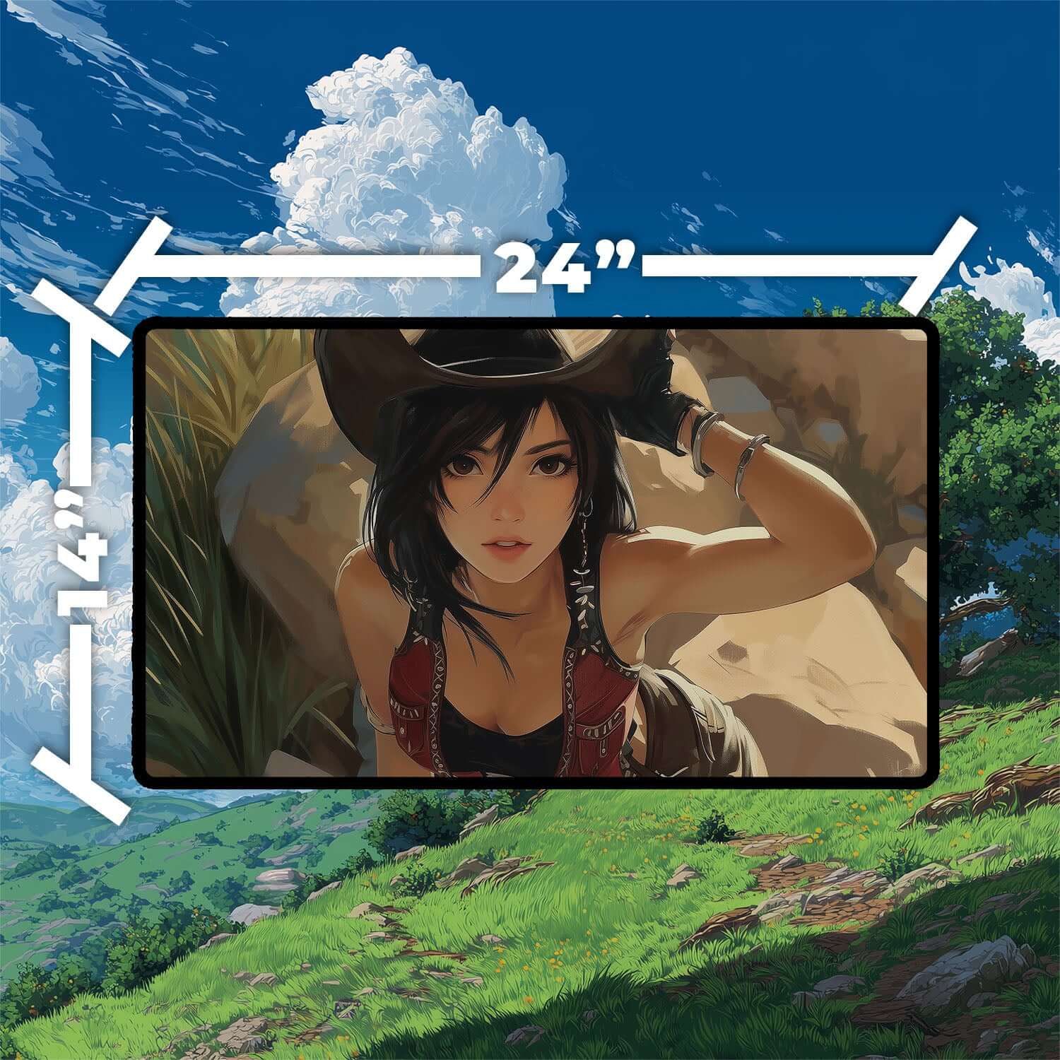 Tifa Lockhart Cowboy Playmat | Final Fantasy Playmat | Iconic Fantasy Heroine Playmat with Zones Option | 24x14 | 22x12 | 32x16 Sizes