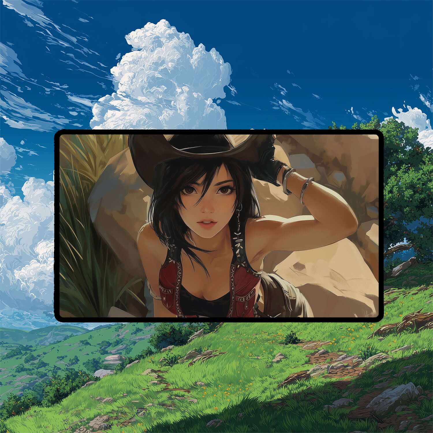 Tifa Lockhart Cowboy Playmat | Final Fantasy Playmat | Iconic Fantasy Heroine Playmat with Zones Option | 24x14 | 22x12 | 32x16 Sizes