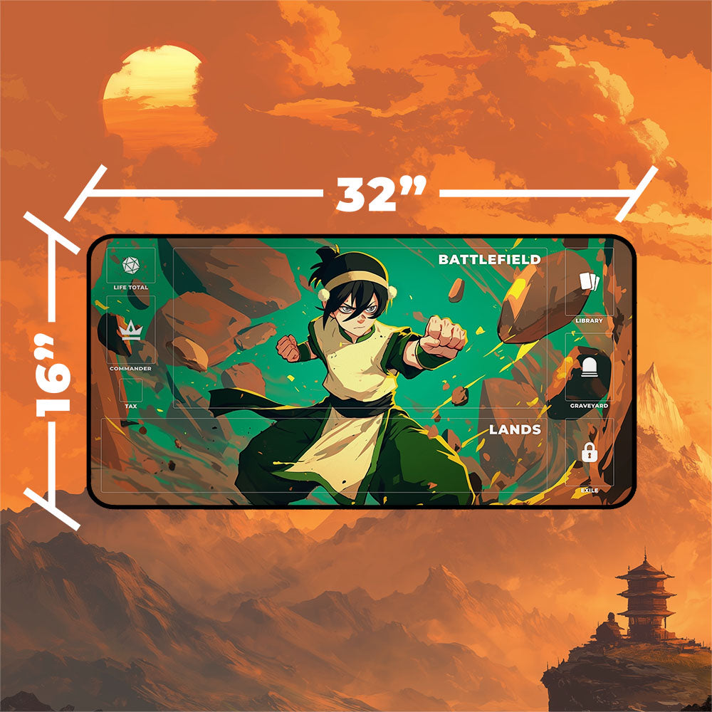 Toph Beifong Playmat | Magic the Gathering Playmat | Earthbender Action Art With MTG Zones | 24x14 | 32x16 Sizes