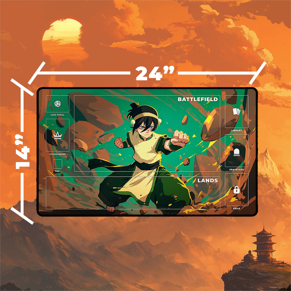 Toph Beifong Playmat | Magic the Gathering Playmat | Earthbender Action Art With MTG Zones | 24x14 | 32x16 Sizes