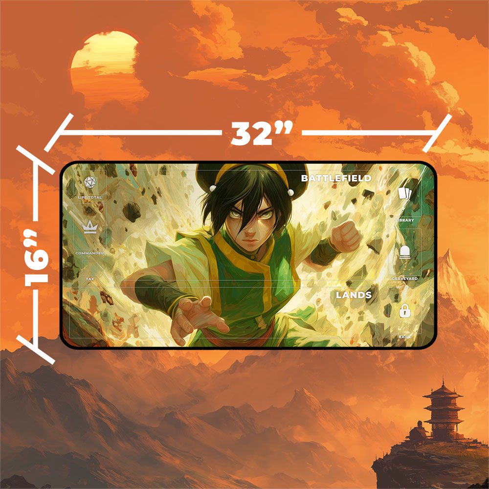 Toph Playmat | Magic the Gathering Playmat | Earthbender Action Shot Art With MTG Zones Option | 24x14 | 32x16 Sizes