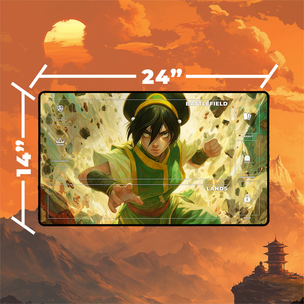 Toph Playmat | Magic the Gathering Playmat | Earthbender Action Shot Art With MTG Zones Option | 24x14 | 32x16 Sizes