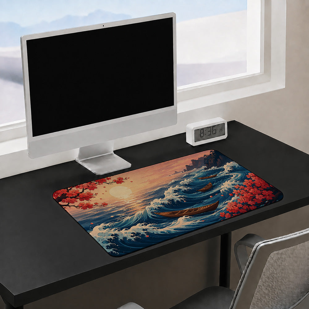 Cherry Blossom Ukiyo-e Wave Desk Mat 24x14 36x18 48x24