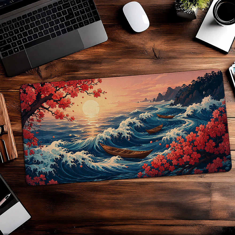 Cherry Blossom Ukiyo-e Wave Desk Mat 24x14 36x18 48x24
