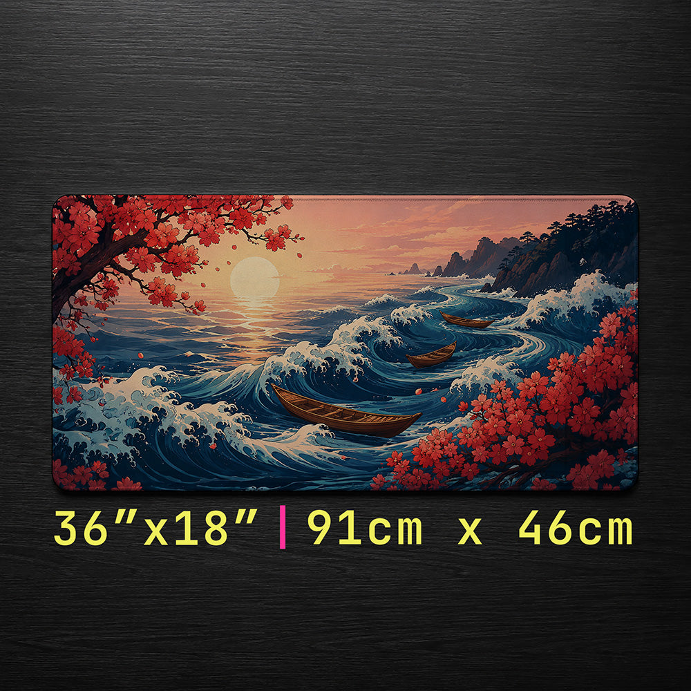 Cherry Blossom Ukiyo-e Wave Desk Mat 24x14 36x18 48x24