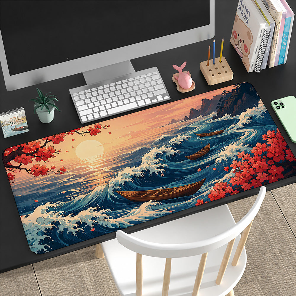 Cherry Blossom Ukiyo-e Wave Desk Mat 24x14 36x18 48x24