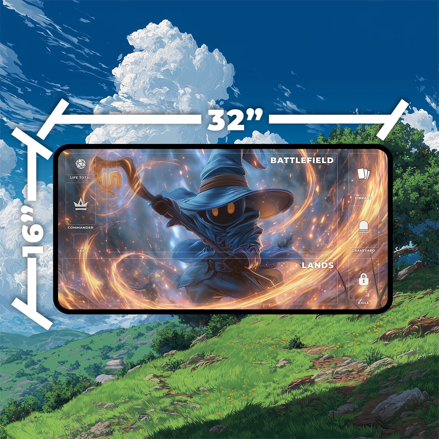 Vivi Ornitier Playmat | Final Fantasy Playmat | Wizard Playmat with Zones Option | 24x14 | 22x12 | 32x16 Sizes