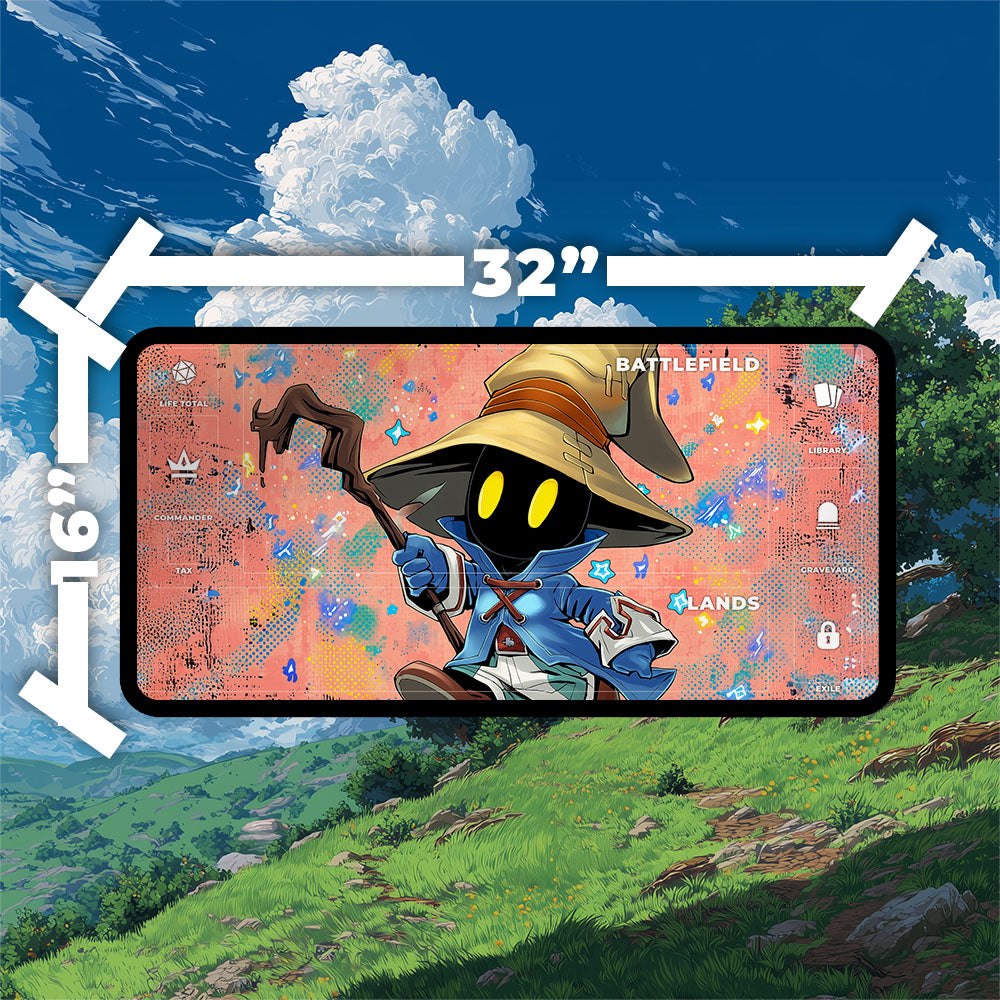 Chibi Vivi Ornitier Playmat | Final Fantasy Playmat |  Anime Style Black Mage Gaming Mat with Zones Option | 24x14 | 32x16 Sizes