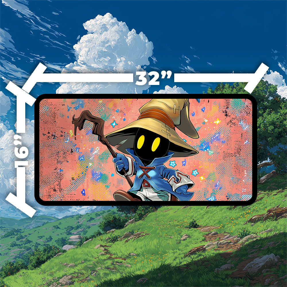 Chibi Vivi Ornitier Playmat | Final Fantasy Playmat |  Anime Style Black Mage Gaming Mat with Zones Option | 24x14 | 32x16 Sizes