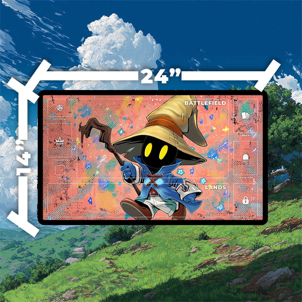 Chibi Vivi Ornitier Playmat | Final Fantasy Playmat |  Anime Style Black Mage Gaming Mat with Zones Option | 24x14 | 32x16 Sizes