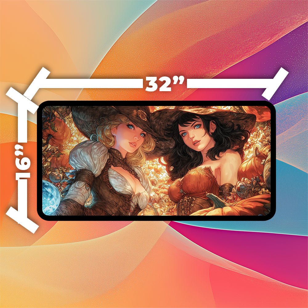 Halloween Witches Playmat | TCG Playmat | Beautiful Witch Artwork Pumpkin Fall Theme No Zones Option | 24x14 | 32x16 Sizes