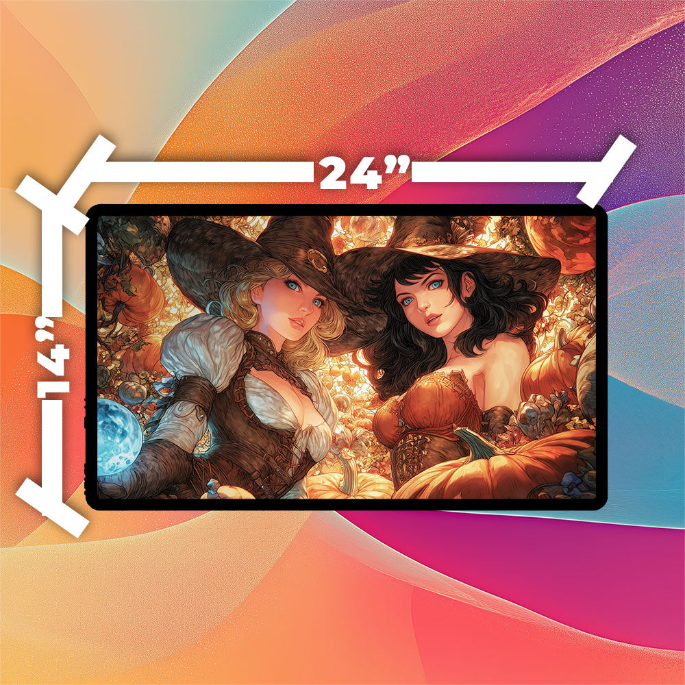 Halloween Witches Playmat | TCG Playmat | Beautiful Witch Artwork Pumpkin Fall Theme No Zones Option | 24x14 | 32x16 Sizes