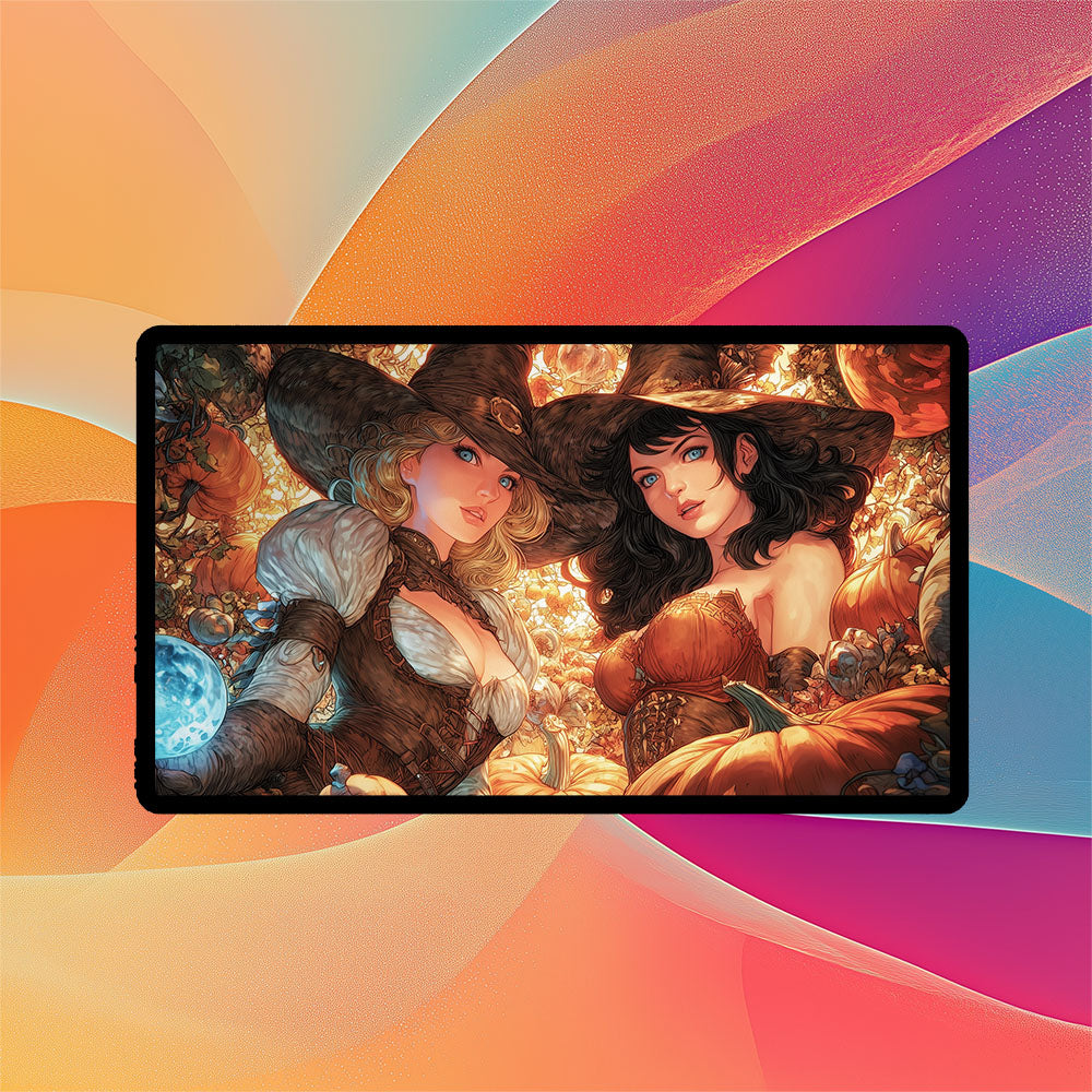 Halloween Witches Playmat | TCG Playmat | Beautiful Witch Artwork Pumpkin Fall Theme No Zones Option | 24x14 | 32x16 Sizes
