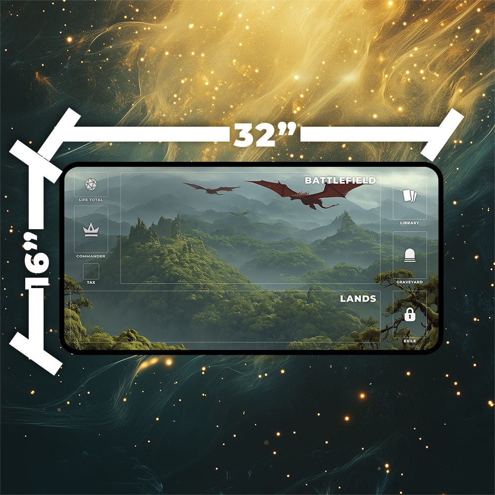 Wooded Foothills Playmat | Magic the Gathering Playmat | Dragon Fetch Land MTG Playmat with Zones Option | 24x14 | 32x16