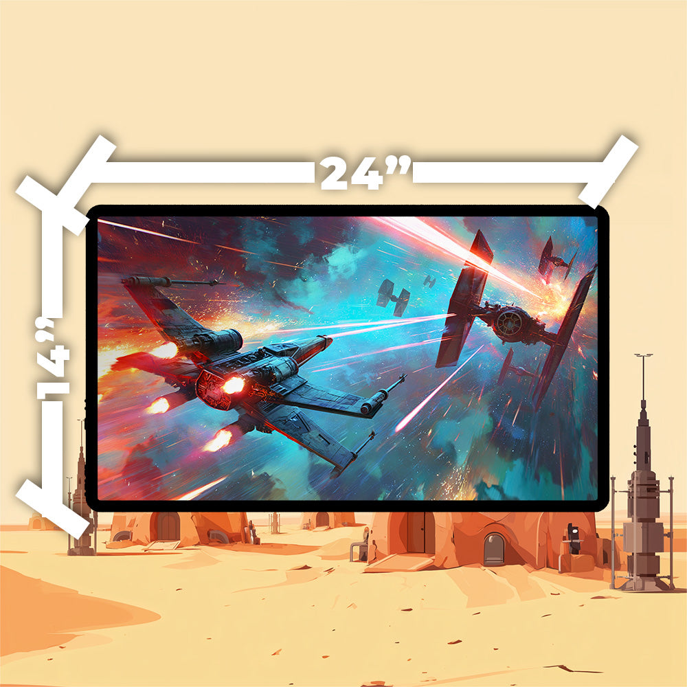 X-Wing playmat featuring a space battle between X-Wing fighters and TIE Fighters in vivid colors.