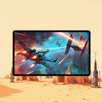 X-Wing playmat featuring a battle between X-Wing and TIE Fighters in vivid space scenery.