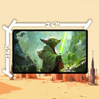 Yoda playmat with vibrant depiction of Jedi Master holding a lightsaber, measuring 24 inches by 14 inches.