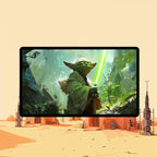 Yoda playmat featuring a battle-ready Jedi Master with a lightsaber in a vibrant landscape background.