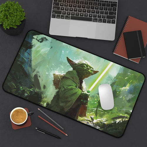Yoda playmat featuring Jedi Master in combat stance, perfect for Star Wars TCG, enhancing gameplay experience.