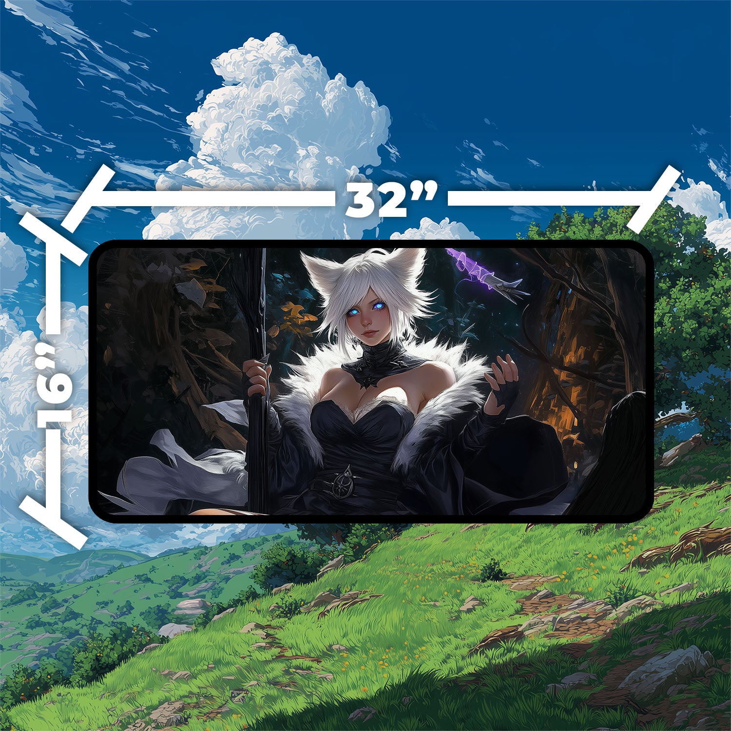 Y’shtola, Night’s Blessed Playmat | Final Fantasy Playmat | Cat Warlock Playmat with Zones Option | 24x14 | 22x12 | 32x16 Sizes