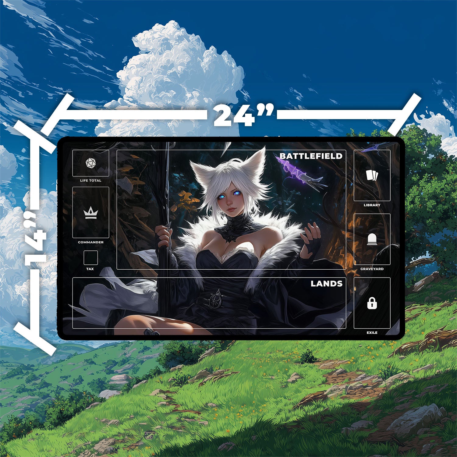Y’shtola, Night’s Blessed Playmat | Final Fantasy Playmat | Cat Warlock Playmat with Zones Option | 24x14 | 22x12 | 32x16 Sizes