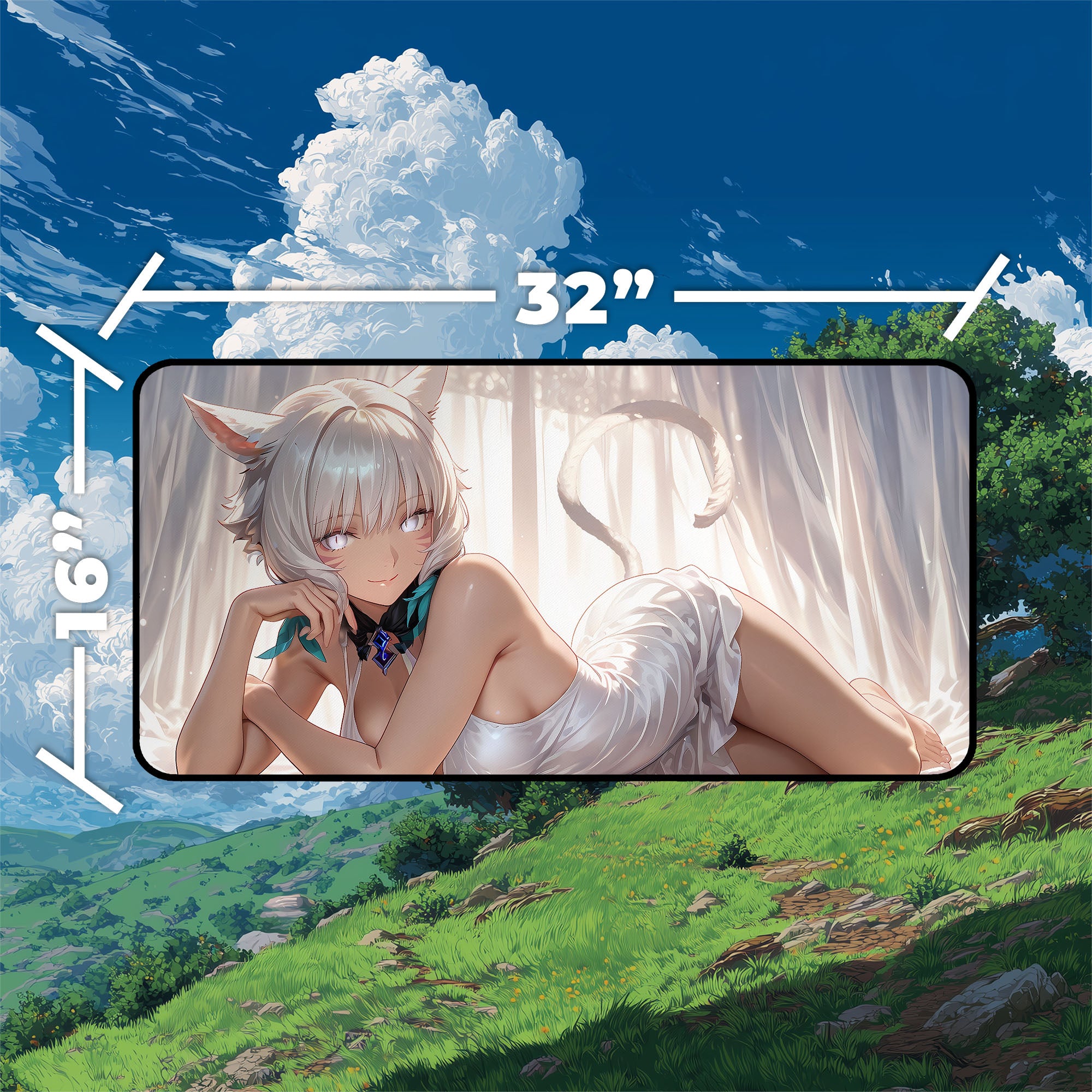 Y’shtola Playmat | Final Fantasy Playmat | White Dress Fantasy Anime Art With Zones Option | 24x14 | 32x16 Sizes