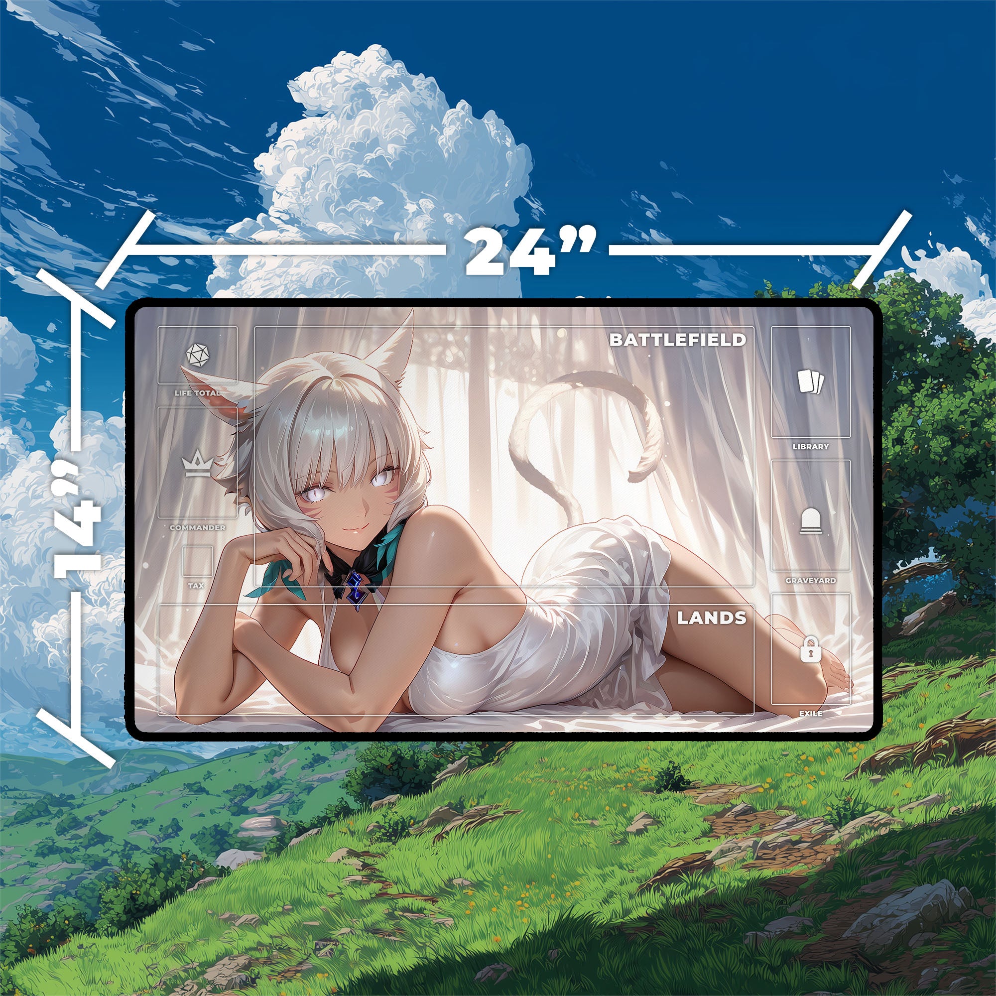 Y’shtola Playmat | Final Fantasy Playmat | White Dress Fantasy Anime Art With Zones Option | 24x14 | 32x16 Sizes