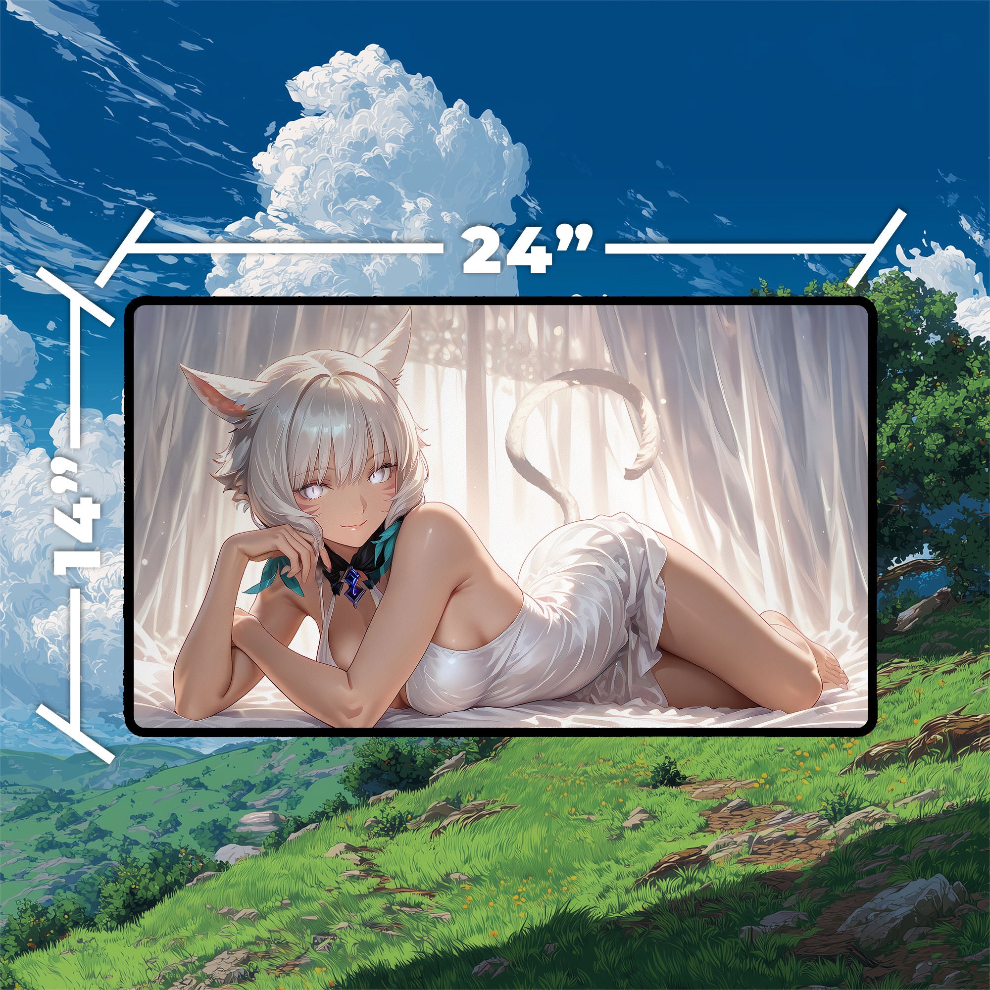 Y’shtola Playmat | Final Fantasy Playmat | White Dress Fantasy Anime Art With Zones Option | 24x14 | 32x16 Sizes