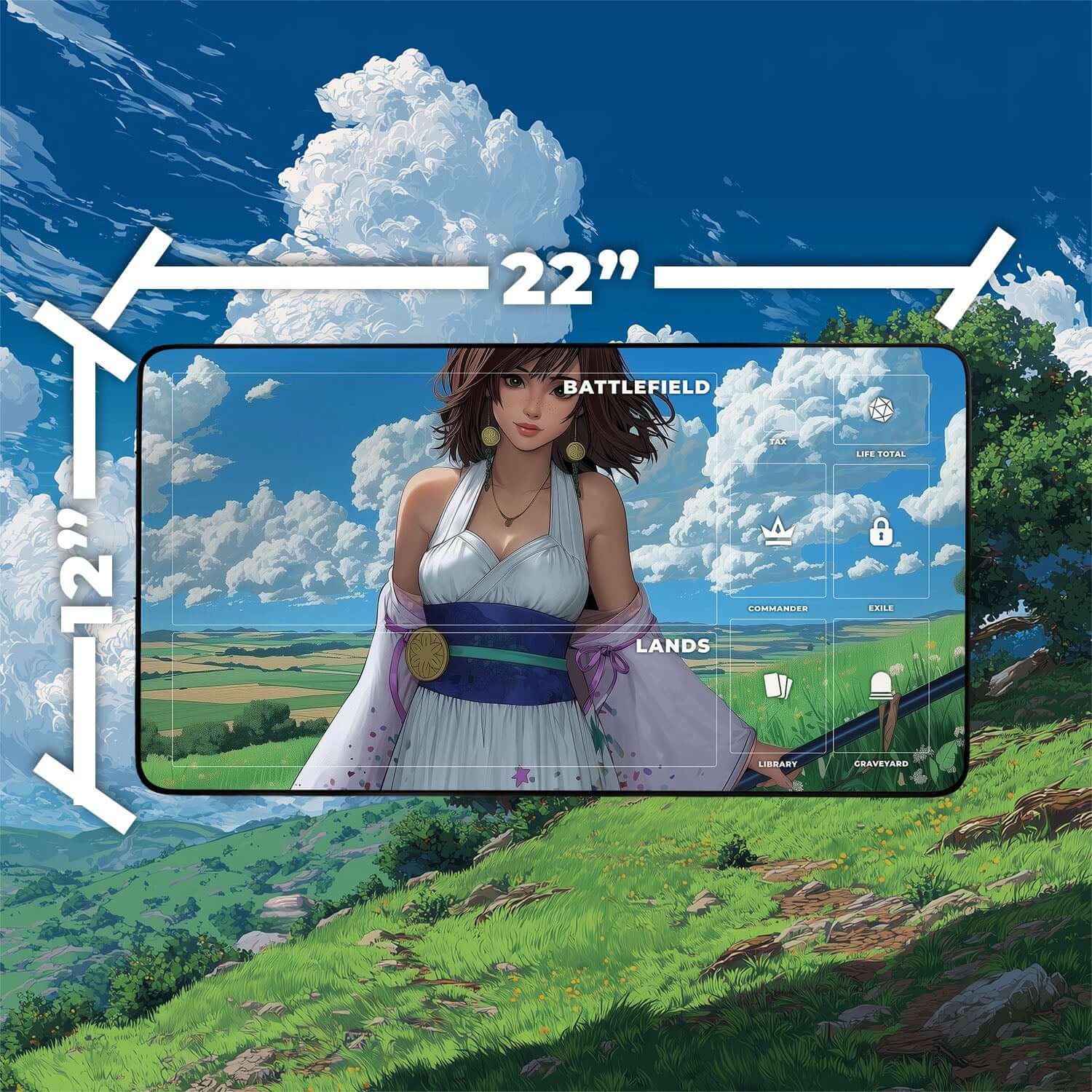 Yuna Grand Summoner Playmat | Final Fantasy Playmat | Iconic Summoner Playmat with Zones Option | 24x14 | 22x12 | 32x16 Sizes