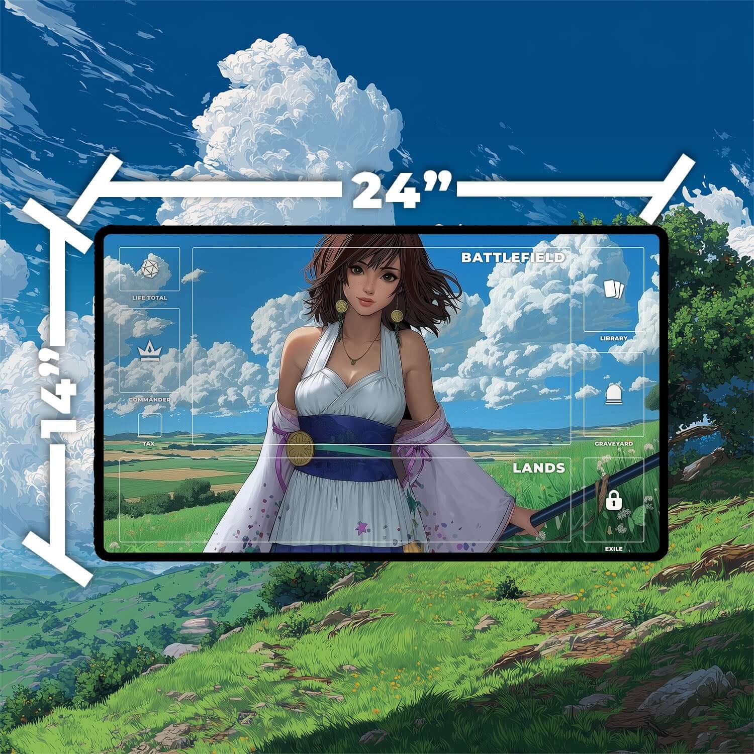 Yuna Grand Summoner Playmat | Final Fantasy Playmat | Iconic Summoner Playmat with Zones Option | 24x14 | 22x12 | 32x16 Sizes