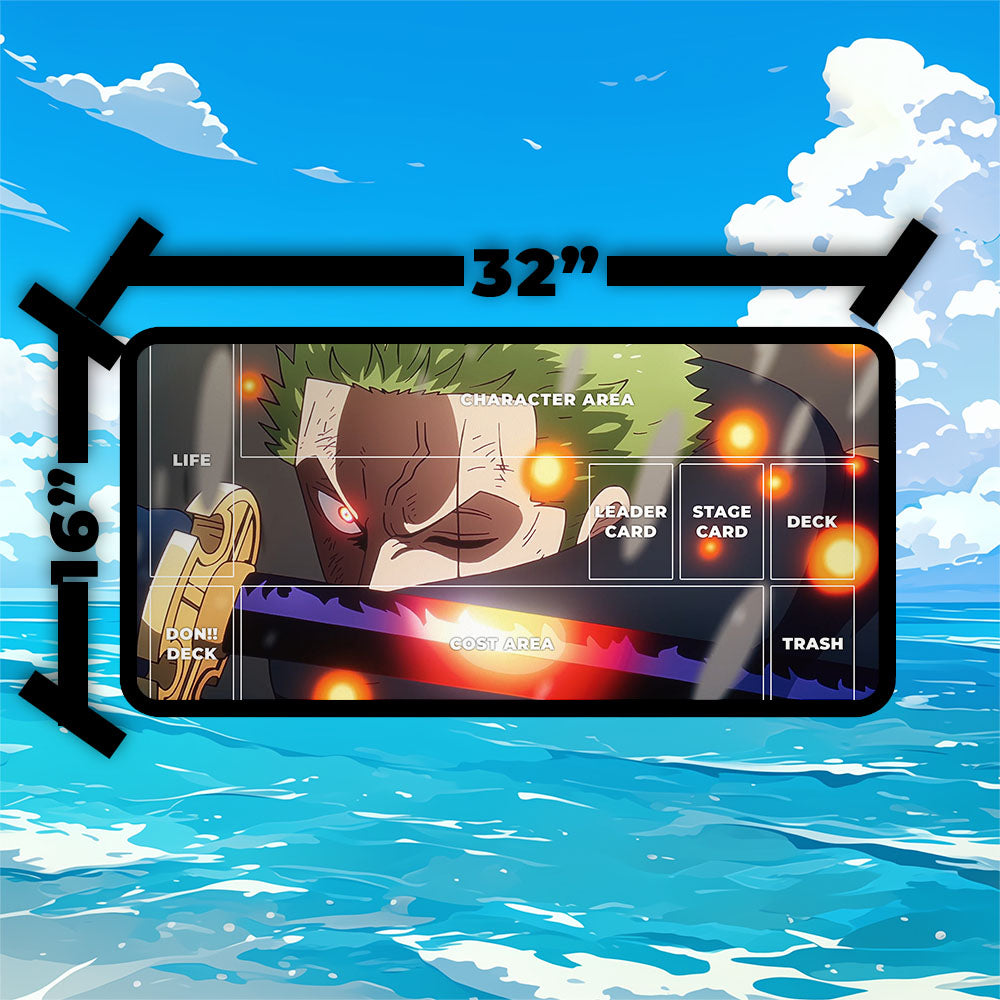 Egghead Zoro Playmat | One Piece Playmat | Battle with Lucci Playmat with Zones Option | 24x14 | 32x16 Sizes