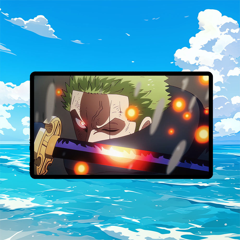 Egghead Zoro Playmat | One Piece Playmat | Battle with Lucci Playmat with Zones Option | 24x14 | 32x16 Sizes